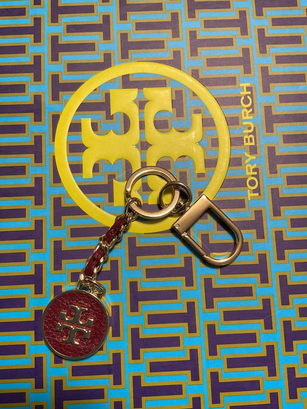 Tory Burch Burgundy Leather Logo Keychain with Gold Hardware